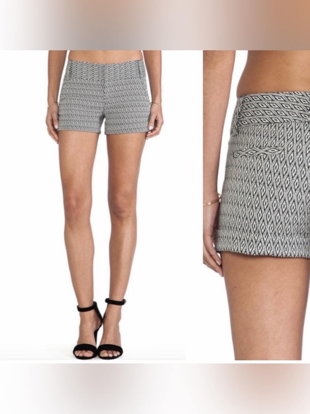 Alice + Olivia Cady Cuff Jacquard Shorts Black White Diamond Size 2 Monochrome